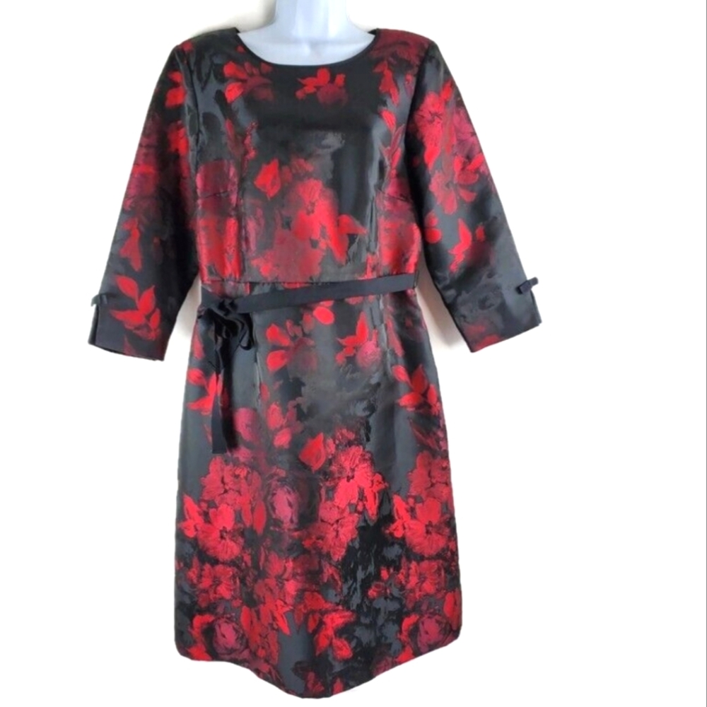 RSVP by Talbots Black & Red Floral Satin Dress 3/4 Sleeves Size 2P Formal Party
